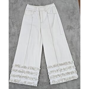 Cinq A Sept Carmelina Pant Jeans, Wide Leg, Ruffle Bottom, White/Amber, Sz 0